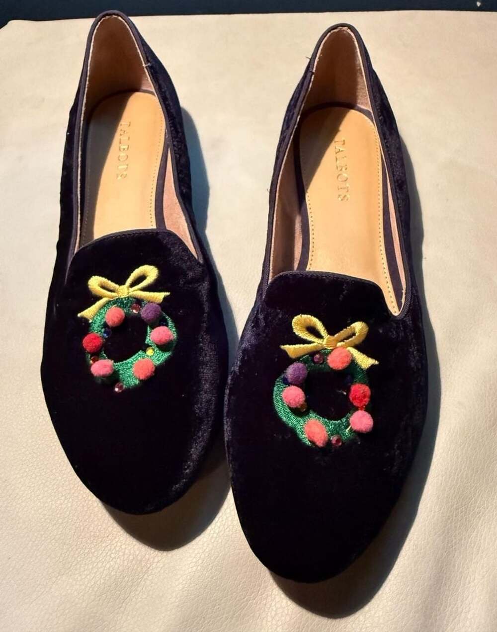 Talbots Indigo Blue Velvet Holiday Christmas Wreath Flats Size 9M